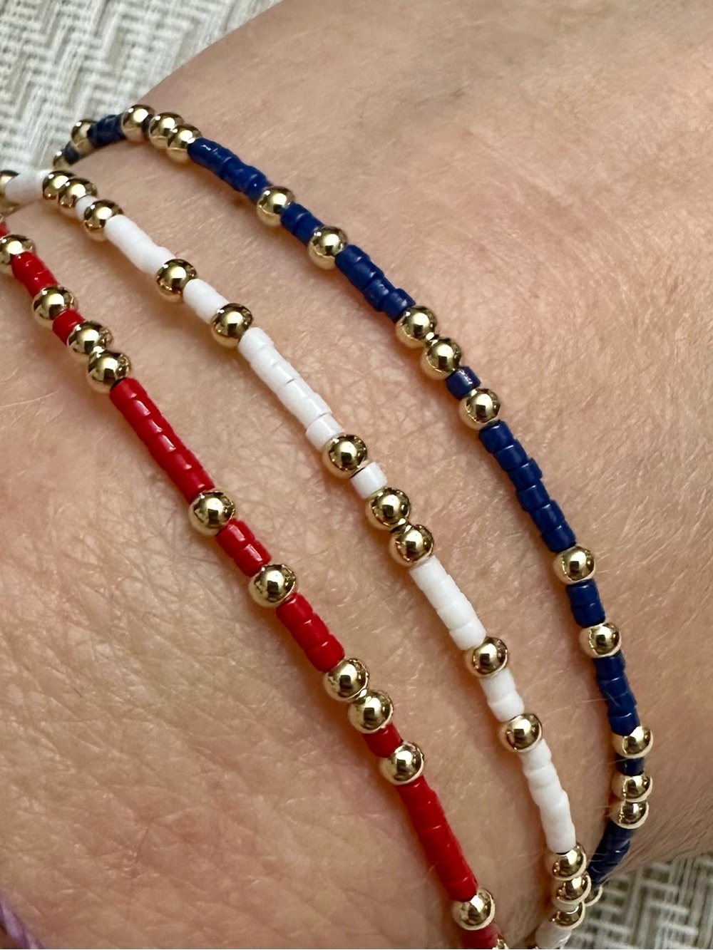 14k Gold Filled 3 Stack Beaded Stretch Bracelets with - Red, White & Blue